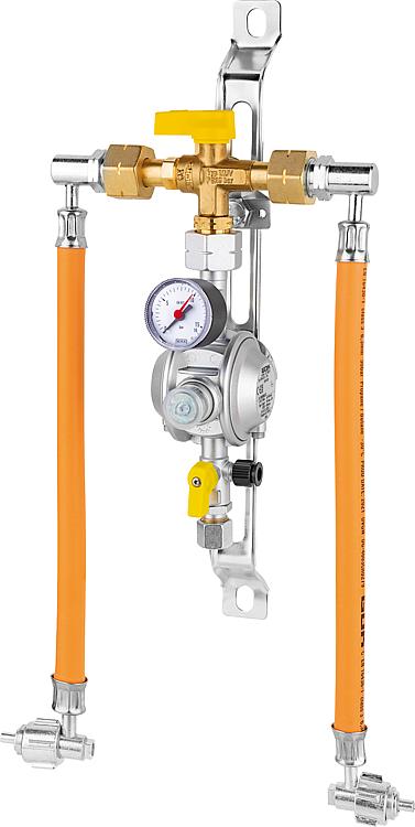 2-Flaschenanlage mit manueller Umschalteinrichtung, PS 16 bar, 1,5 kg/h 50 mbar, KF x RVS 10