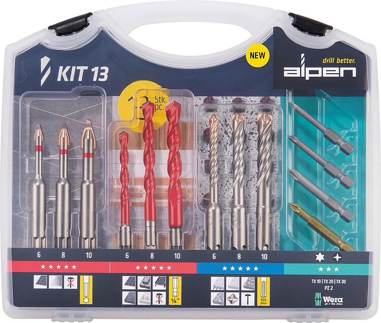 Bohr-Bitset Alpen, 13-teilig, 9 Bohrer und 4 Bits